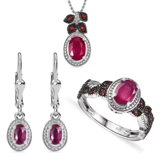 ruby (ff) and sapphire jewelry set in black and white rhodium over sterling silver