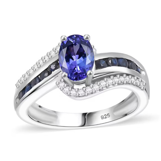 tanzanite blue sapphire and moissanite bypass ring in rhodium over sterling silver