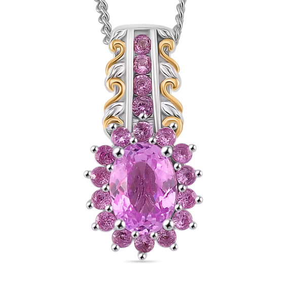 kunzite and pink sapphire halo pendant necklace in 18k yellow gold and rhodium over sterling silver