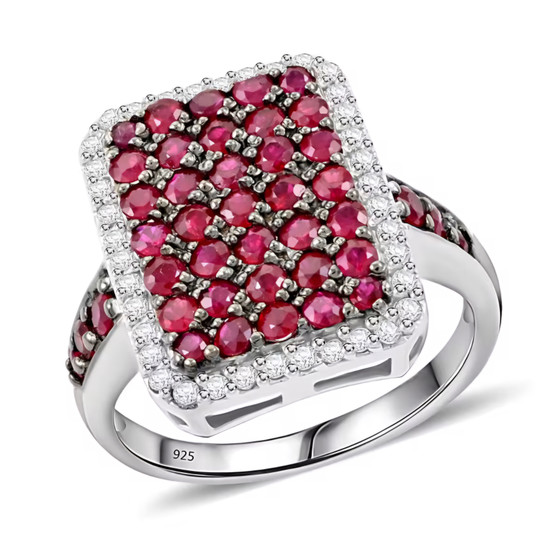 ruby and white zircon cluster ring in rhodium over sterling silver