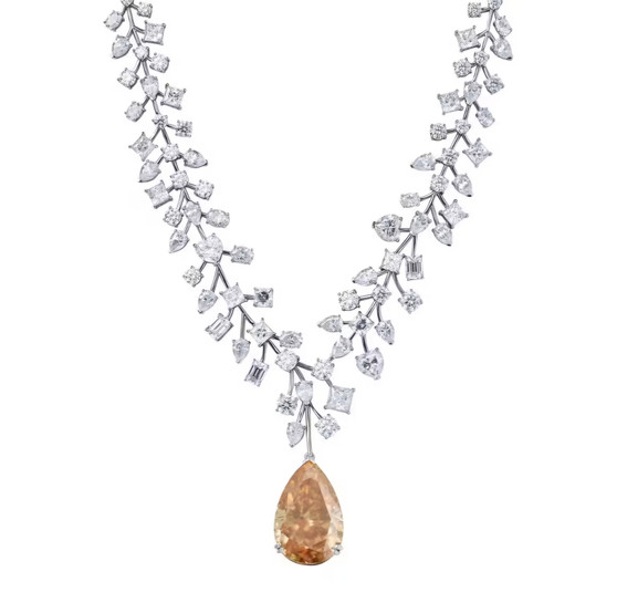 champagne and white moissanite statement necklace in rhodium over sterling silver front