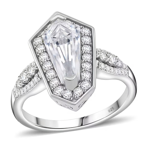 moissanite shield cut halo ring in rhodium over sterling silver