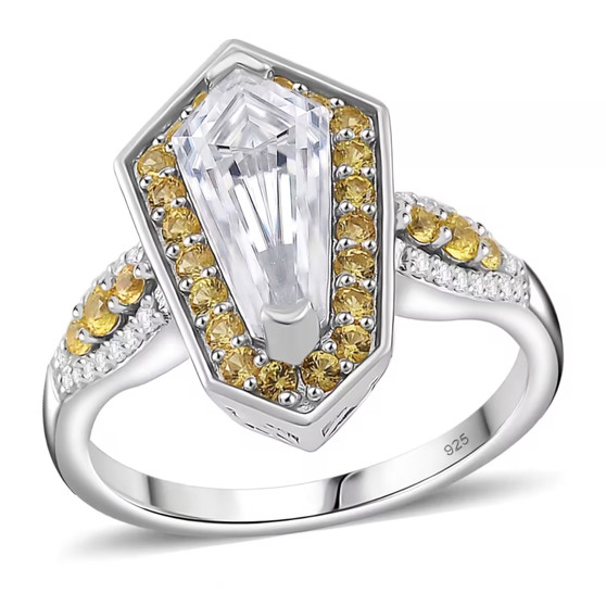 moissanite and yellow sapphire shield cut halo ring in rhodium over sterling silver