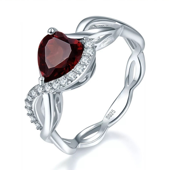 heart garnet and white zircon ring in rhodium over sterling silver