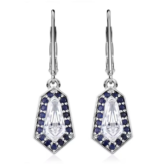 back view of moissanite and blue sapphire shield cut halo lever back earrings in rhodium over sterling silver