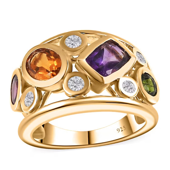 multi gemstone openwork ring in 18k yellow gold over sterling silver