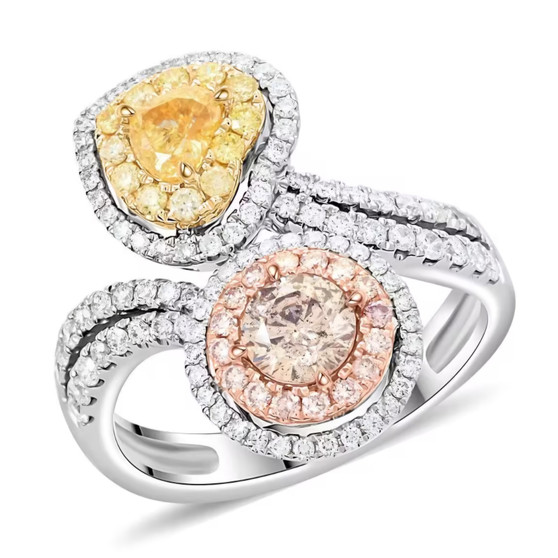 pink yellow and white diamond bypass ring in 14k white gold