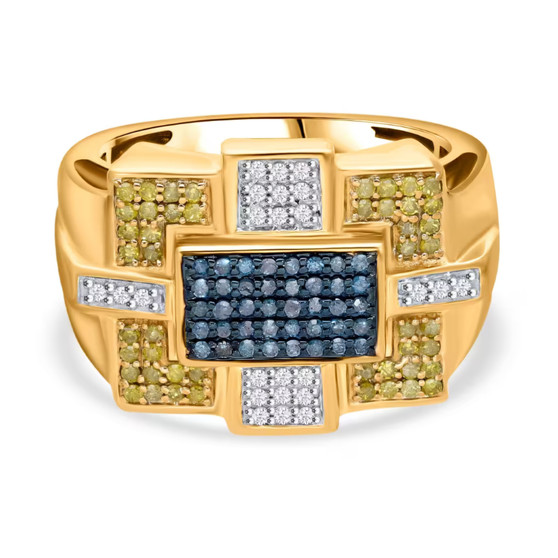 blue yellow and white diamond gents ring in 18k yellow gold over sterling silver