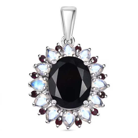 black jade rainbow moonstone and garnet pendant necklace in rhodium over sterling silver