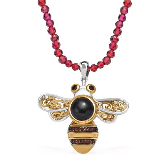 black jade garnet and black spinel bee pendant and garnet beaded necklace in 18k yellow gold and rhodium over sterling silver
