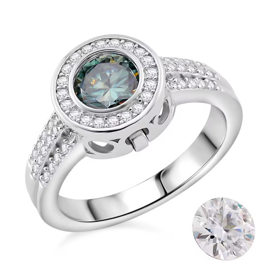 blue and white moissanite interchangeable halo ring in rhodium over sterling silver