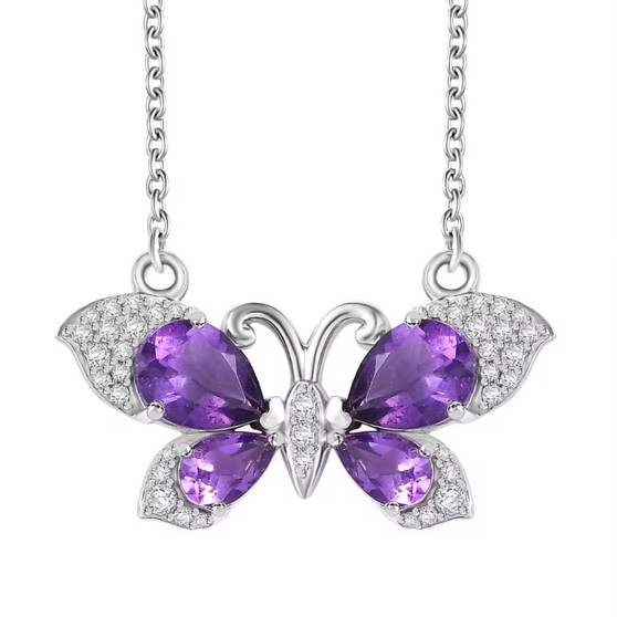amethyst and white zircon butterfly necklace in rhodium over sterling silver