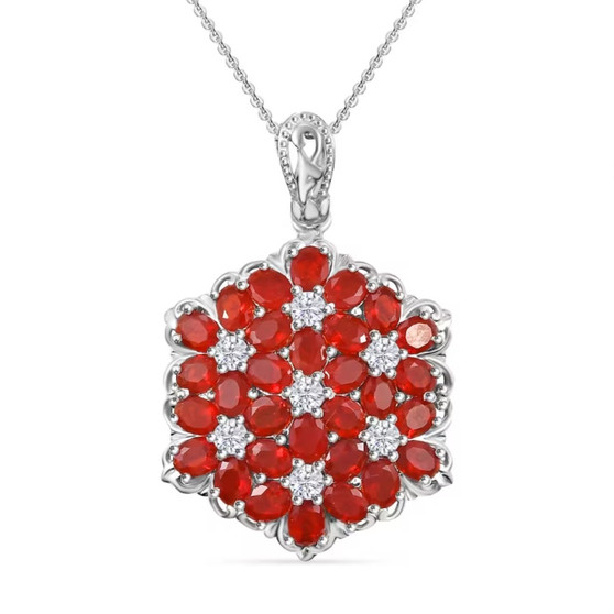 fire opal and moissanite cluster pendant necklace in rhodium over sterling silver