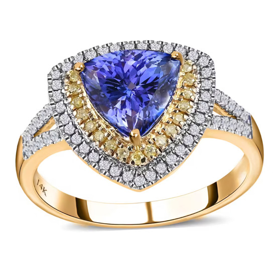 tanzanite yellow and white diamond trillion halo ring in 14k yellow gold