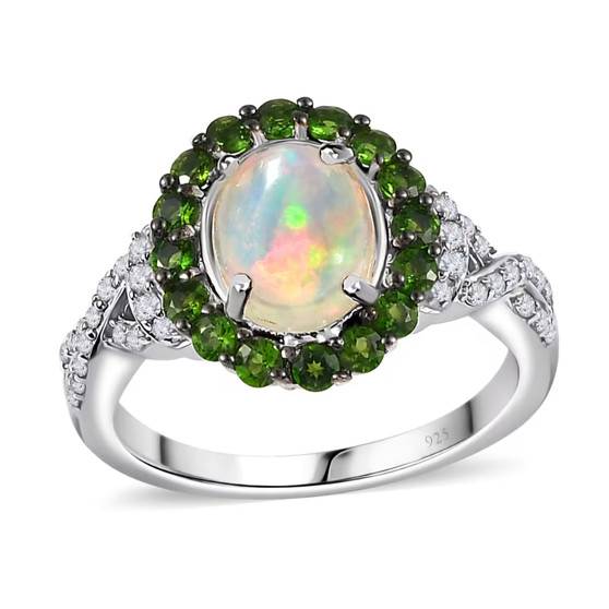 opal chrome diopside and zircon infinity shank halo ring in rhodium over sterling silver