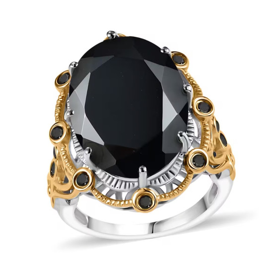 black spinel ring in 18k yellow gold and rhodium over sterling silver