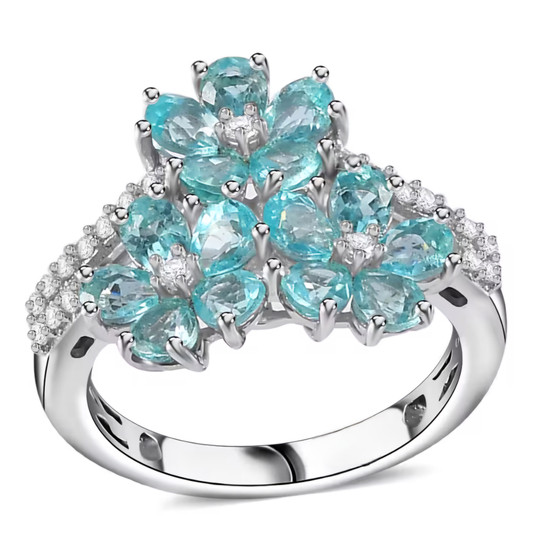 blue apatite and white zircon flower cluster ring in rhodium over sterling silver