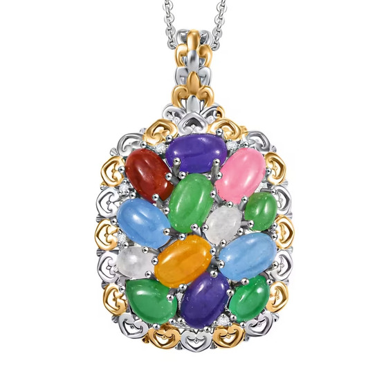 multi color jade and white zircon cluster pendant necklace in two-tone 18k yellow gold and rhodium over sterling silver