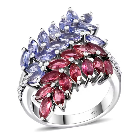 tanzanite pink tourmaline and white zircon bypass ring in rhodium over sterling silver