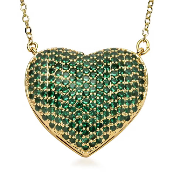 green cubic zirconia pave heart cluster necklace in 18k yellow gold over sterling silver