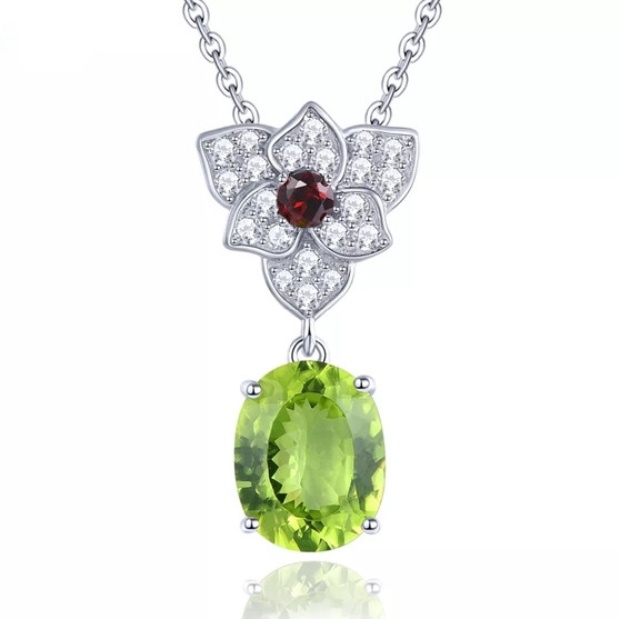 front view of peridot garnet and white zircon lotus necklace in rhodium over sterling silver