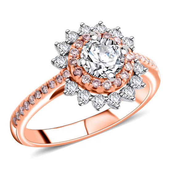 white and pink diamond halo ring in 14k rose and 14k white gold