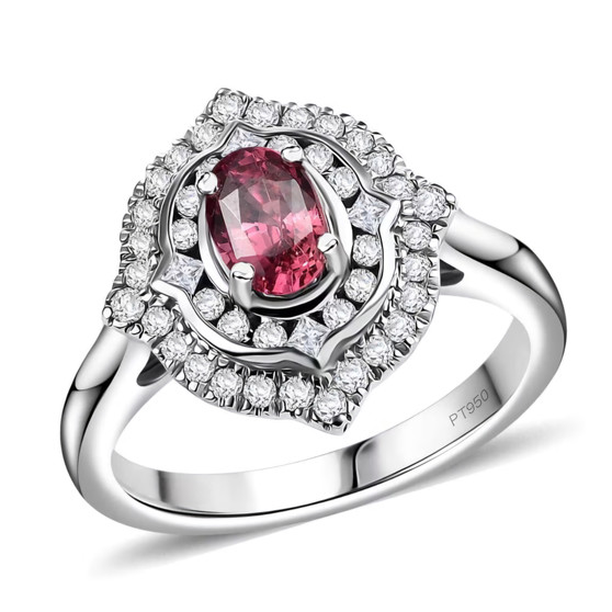 padparadscha sapphire and diamond halo ring in 950 platinum