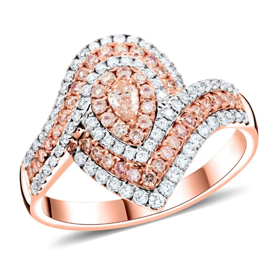 pink and white diamond halo ring in 14k rose gold