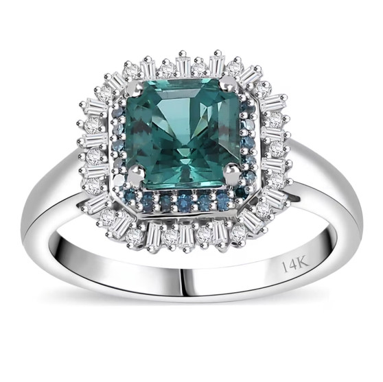 indicolite blue and white diamond square emerald cut halo ring in 14k white gold