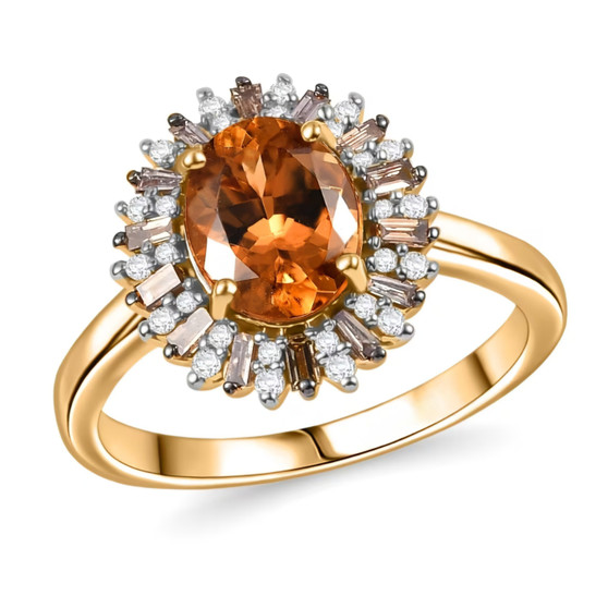 orange tourmaline champagne and white diamond halo ring in 14k yellow gold