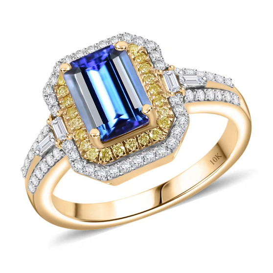 tanzanite yellow and white diamond halo ring in 10k yellow gold