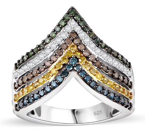 multi color diamond chevron ring in rhodium over sterling silver