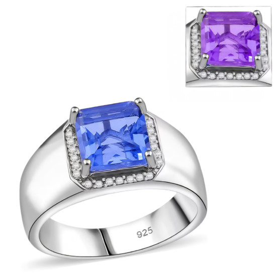 color change fluorite and white zircon gents ring in rhodium over sterling silver