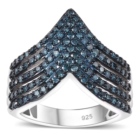 blue diamond chevron ring in rhodium over sterling silver