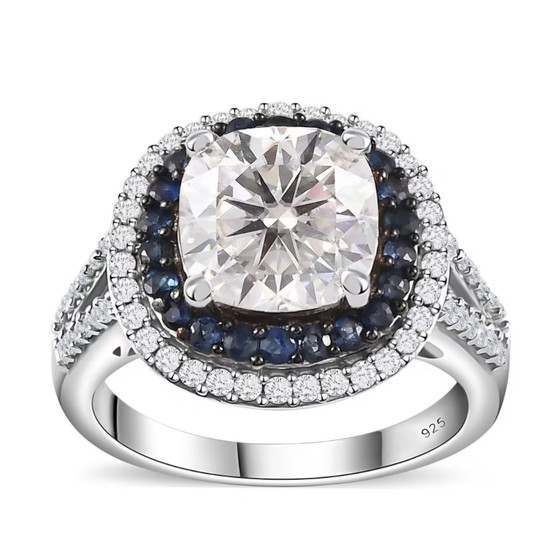 moissanite and blue sapphire double halo rhodium over sterling silver ring