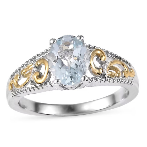 aquamarine solitaire two-tone 18k yellow gold and rhodium over sterling silver ring