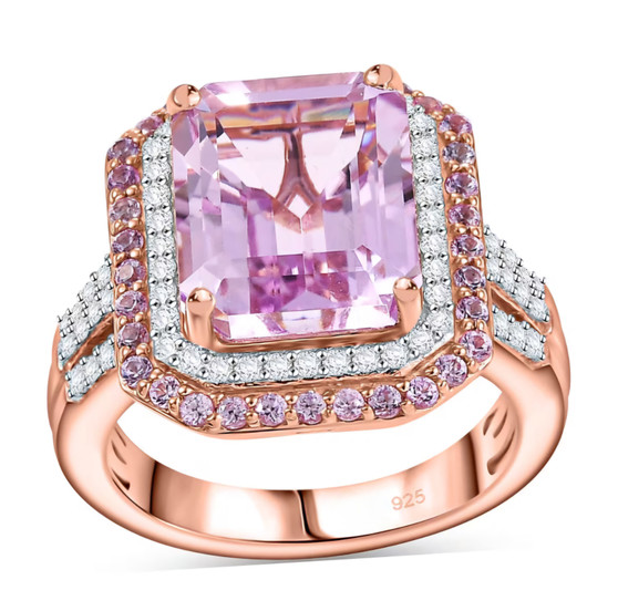 kunzite pink sapphire and zircon double halo 18k rose gold over sterling silver ring