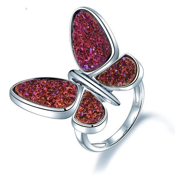red druzy quartz butterfly ring in rhodium over sterling silver