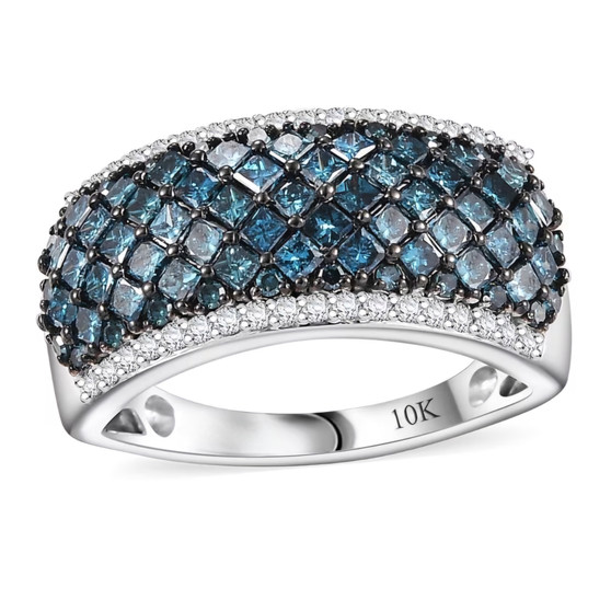 blue and white diamond cluster band ring in 10k white gold