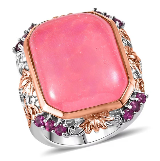 pink jade and rhodolite garnet two-tone 18k rose gold and rhodium over sterling silver ring