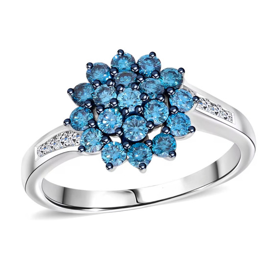 lab grown blue and white diamond rhodium over sterling silver ring