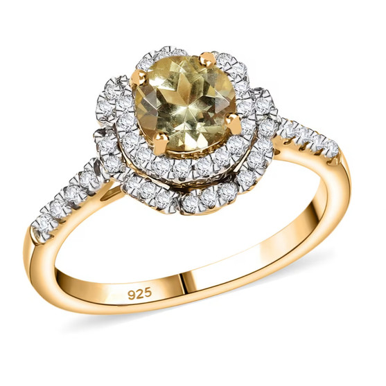 yellow apatite and white zircon 18k yellow gold over sterling silver halo ring