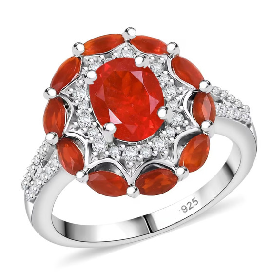 fire opal and white zircon cluster ring in rhodium over sterling silver