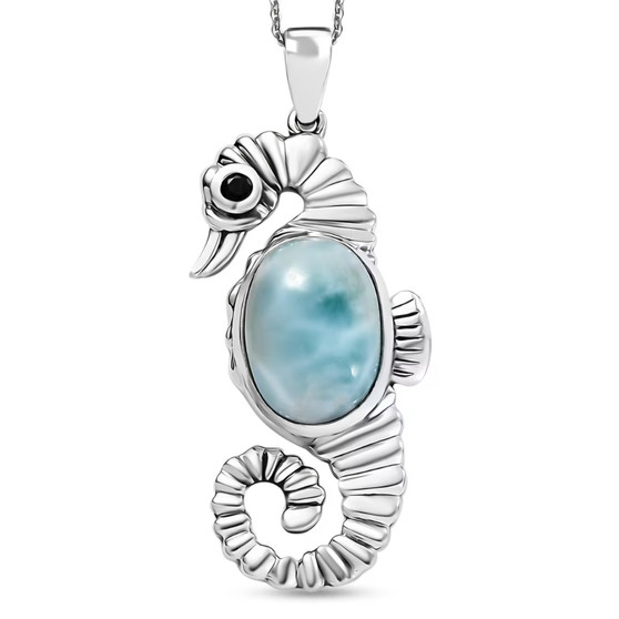 larimar and black spinel seahorse pendant necklace in rhodium over sterling silver