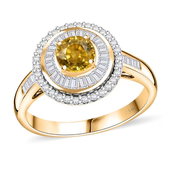 yellow sapphire and diamond round double halo ring in 14k yellow gold