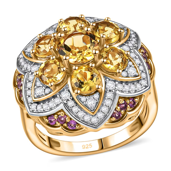 heliodor rhodolite garnet and white zircon fashion ring in 18k yellow gold over sterling silver