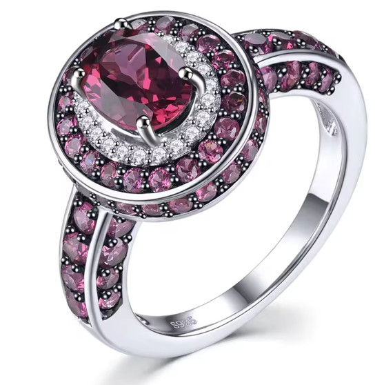 rhodolite garnet and white zircon double halo ring in black and white rhodium over sterling silver