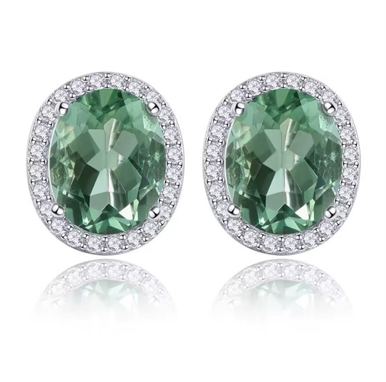green fluorite and white zircon halo earrings in rhodium over sterling silver