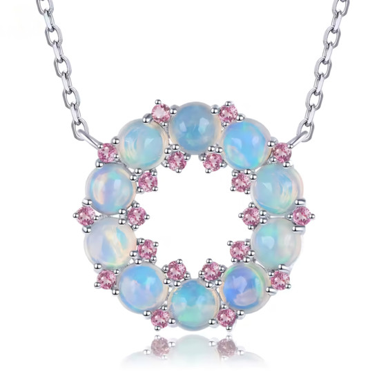 ethiopian opal and pink tourmaline rhodium over sterling silver circle necklace