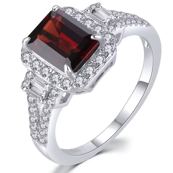 garnet and white zircon rhodium over sterling silver halo ring